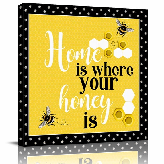 Farmhouse Bee Honeycomb Yellow Canvas Artwork Painting Art, Honey Home Quote Polka Dot Square Framed Wall Decorations Prints Picture for Bedroom Kitchen Living Room, 12x12 in