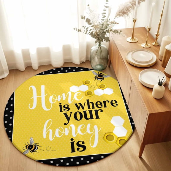 Farmhouse Bee Honeycomb Yellow Round Rug 3ft Honey Home Quote Polka Dot Washable Area Rugs for Living Room Bedroom Entryway Non Slip Entrance Door Mat Indoor Floor Carpet