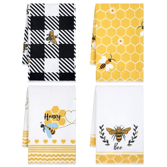 Bee Themed Kitchen Towels, 4 Pcs Honeycomb Dish Towels, Farmhouse Bee Washcloths, Durable Polyester Tea Towels for Home, Hotel, Cafe, 16 x 24 Inch, Black Yellow
