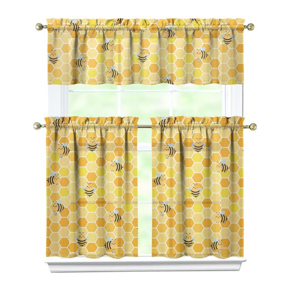 Farmhouse Bee Print Kitchen Curtains Set of 3 - Honey Yellow Bumblebee Design, Tier Curtains + Valance, Rod Pocket Window Treatment Panels for Small Windows