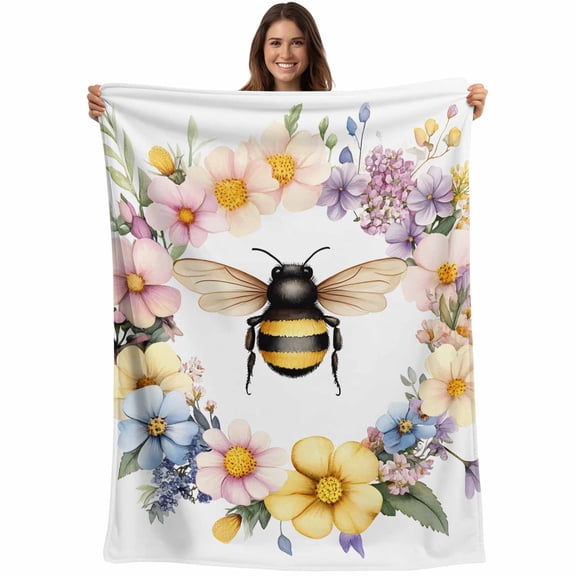 Farmhouse Bee Wreath Blanket Soft Cozy Warm Throw Blanket for Couch, Plush Fuzzy Flannel Fleece Blankets for Sofa, Spring Watercolor Flowers Bed Blankets Lightweight Gifts for Women, 40"x50"