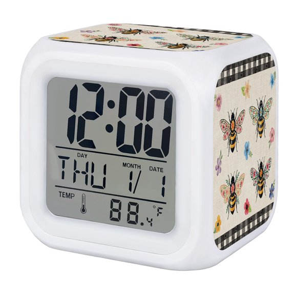Farmhouse Bees Digital Alarm Clock for Bedrooms, Smart LED Alarm Clock with 7 Color Changing Night Light, Spring Summer Botanical Floral Plaid Silent Wake Up Clocks for Sleep Study Cooking 3.2"x3.2"