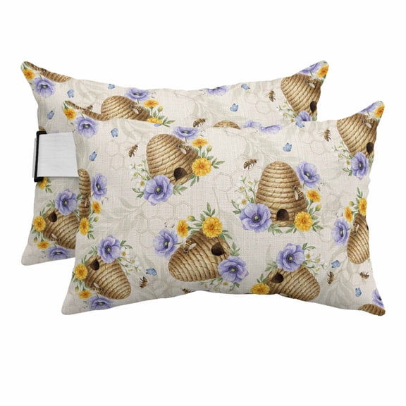 Farmhouse Bees Outdoor Pillows for Chaise Lounge Chair Beach Headrest Pillow Set of 2 Waterproof Lumbar Pillows with Insert&Adjustable Strap Vintage Honeybees Flowers Burlap Pool Pillow 12"x20"