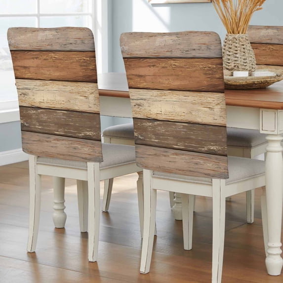 Farmhouse Beige Brown Chair Back Covers, Vintage Wooden Striped Removable Chair Covers for Dining Chairs Set of 8, Washable Chairs Slipcovers Back Seat Protector for Wedding Party 19"x20"