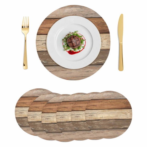 Farmhouse Beige Brown Round 15 Inch Placemats Set of 6, Vintage Wooden Striped HeatResistant Non Slip Place Mats for Dining Table, Wipeable Braided Kitchen Table Mats for Housewarming