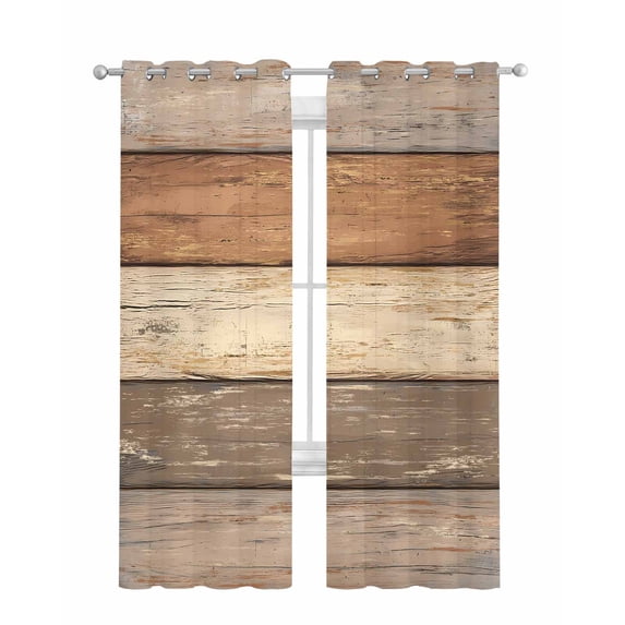 Farmhouse Beige Brown Sheer Curtains 84 Inch Length 2 Panels Set for Living Room/Bedroom, Vintage Wooden Striped Kitchen Curtains Grommet Semi-Sheer Curtains Drapes Voile Window Treatments 42"x84"x2