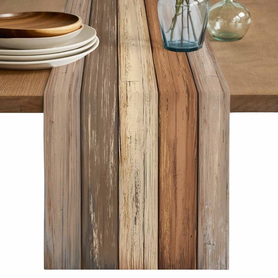 Farmhouse Beige Brown Table Runner, Vintage Wooden Striped Washable Cotton Linen Table Runners 120 Inches Long, Dresser Scarf Runner for Dining/Living Room/Kitchen/Square Tables 13''x120''