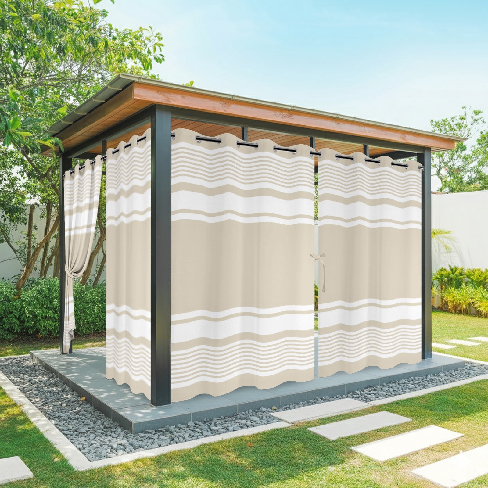 Farmhouse Beige Striped Outdoor Curtains for Patio, Modern Minimalist Stripes Abstract Sunshade Privacy Drapes Grommet Waterproof Outside Curtains for Porch/Cabana/Balcony 54"x 108", 1 Panel