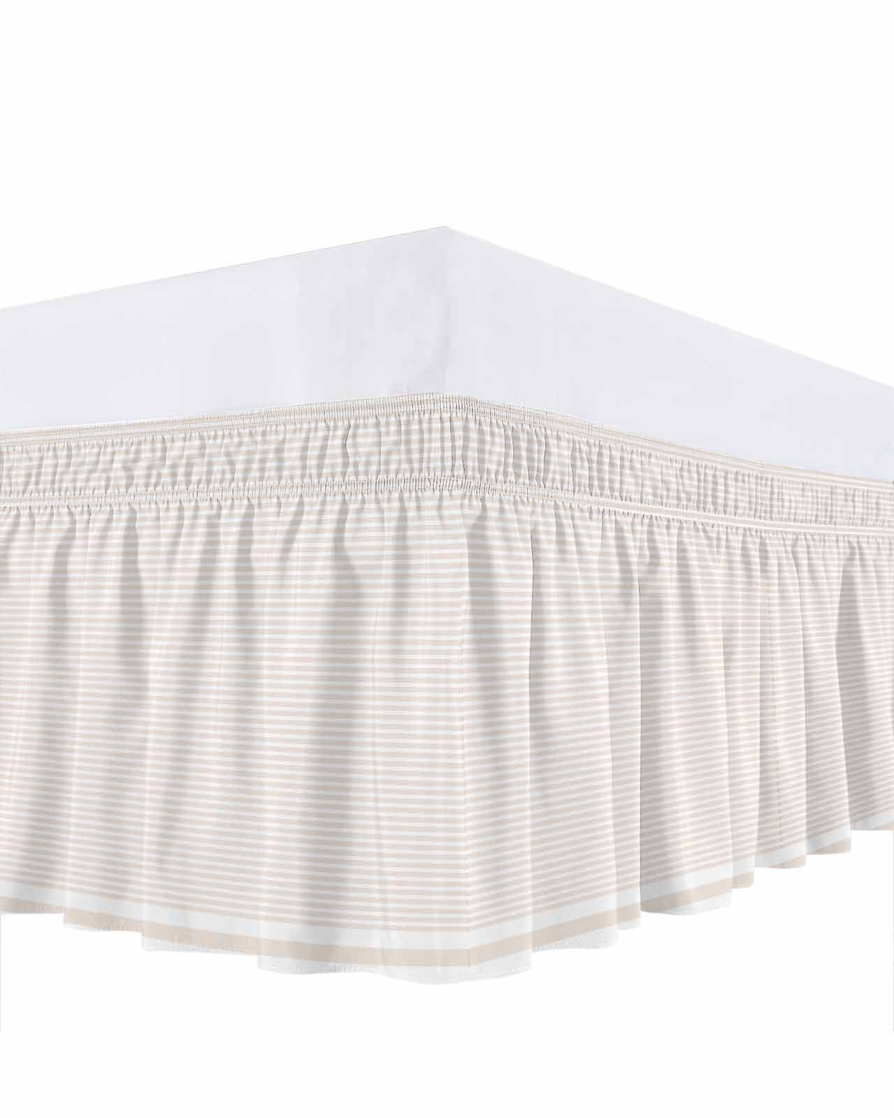 Farmhouse Beige White Striped Bed Skirt Queen Size, Modern Stripes Wrap Around Bed Skirting with Adjustable Elastic Strap, Dust Ruffle Pleated Bedskirts 16 Inch Drop for Bedroom Queen Beds