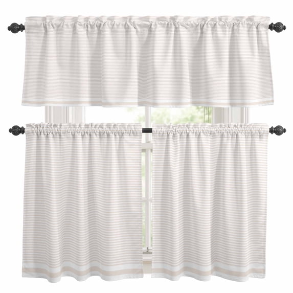 Farmhouse Beige White Striped Kitchen Curtains Sets for Windows 36 Inch Length, Modern Stripes Rod Pocket Window Treatments Tier Curtains and Valances Set for Bedroom/Bathroom