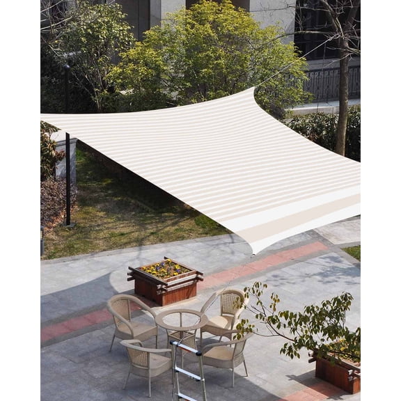 Farmhouse Beige White Striped Sun Shade Sail 12'x16' Rectangle Outdoor Shade Canopy, Modern Stripes Porch Shades Outdoor Sun Blocking Screen, Sunshade Cloth Covers for Patio/Deck/Garden
