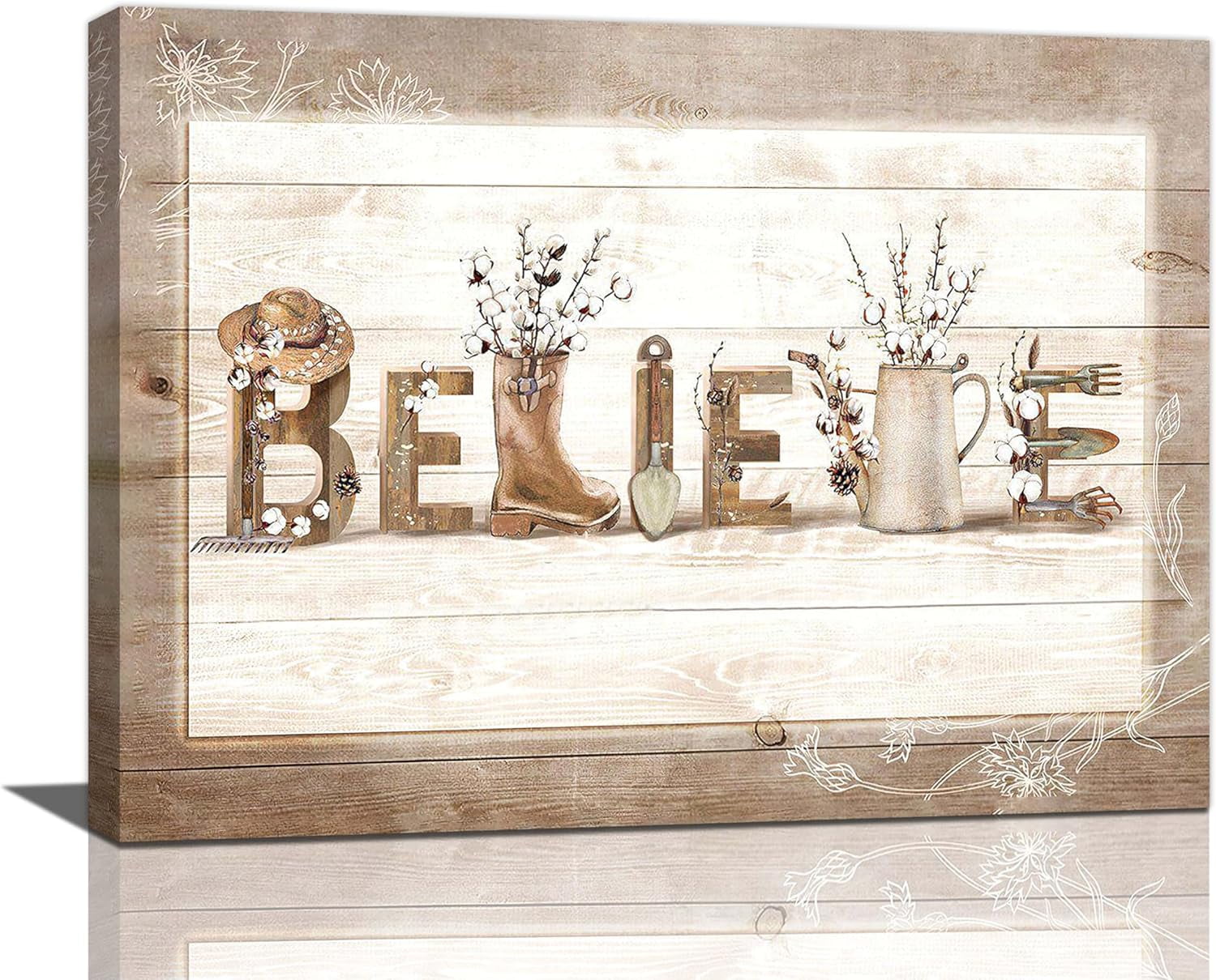 Farmhouse Believe Wall Art Rustic Cotton Pictures Wall Decor Country Believe Family Painting Canvas Prints Modern Family Decorative Signs Artwork Framed Home for Bedroom Living Room 16"x12"