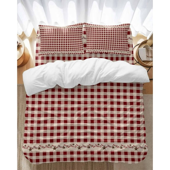 Farmhouse Berry Bedding Duvet Cover Set Twin Size 4 Pieces Red Buffalo Plaid American Country Rustic Bedding Set with Zipper Closure, 1 Comforter Cover 68x86 Inches 1 Flat Sheet & 2 Pillow Cases
