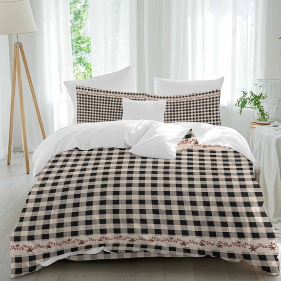 Farmhouse Berry Duvet Cover Set Twin Size, Black Buffalo Plaid American Country Rustic 4 Piece Soft Microfiber Bedding Set with 1 Duvet Cover, 1 Flat Sheet, 2 Pillowcases