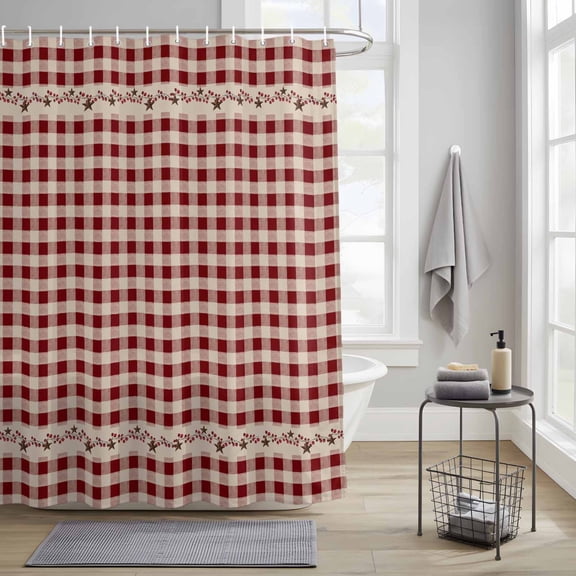 Farmhouse Berry Fabric Shower Curtain for Bathroom Waterproof Polyester Bath Curtain with 12 Hooks Red Buffalo Plaid American Country Rustic Washable Shower Curtain with Grommets 36"x72"