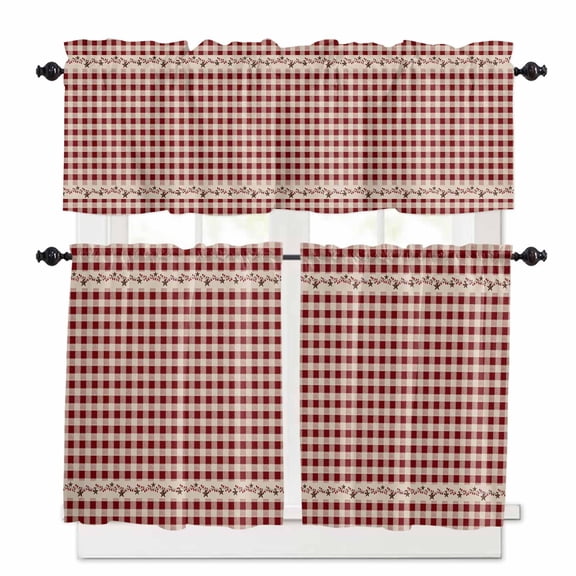 Farmhouse Berry Kitchen Curtains Valances and Tiers Set of 3, 36 Inch Length Tier Curtains and Valance Rod Pocket Valance Curtains Set for Kitchen Bathroom Small Windows