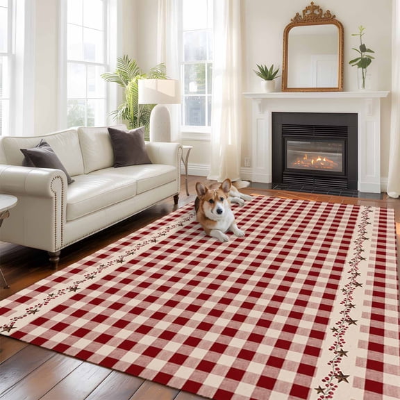 Farmhouse Berry Large Area Rugs 6x9 ft Red Buffalo Plaid American Country Rustic Washable Rug Non Slip Indoor Carpet Absorbent Floor Mat for Living Room Bedroom Dining Room