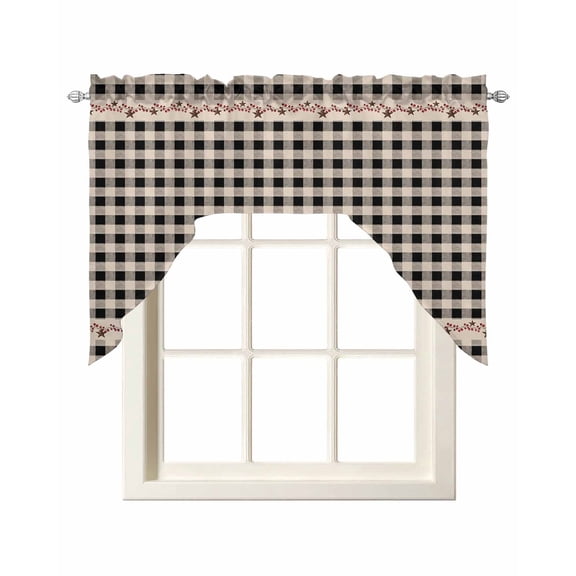 Farmhouse Berry Swag Valance and Tier Curtains Set Black Buffalo Plaid American Country Rustic Kitchen Curtains 3 Piece Set Rod Pocket Panels for Bedroom Cafe 56x36 inch