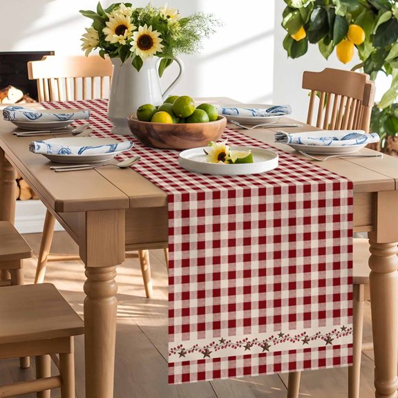Farmhouse Berry Table Runner, Red Buffalo Plaid American Country Rustic Washable Kitchen Table Runners Dress Scarves for Dining Table Decorations Party/Restaurant/Indoor Outdoor Use, 13x48in