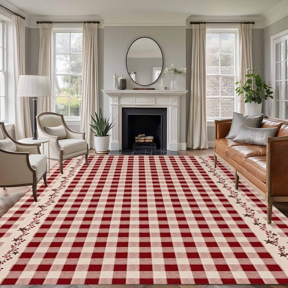 Farmhouse Berry Washable Area Rug 8 x 10 ft Red Buffalo Plaid American Country Rustic, Soft Non Slip Rugs Stain Repellent Indoor Felt Carpet for Living Dining Room Bedroom Home Office