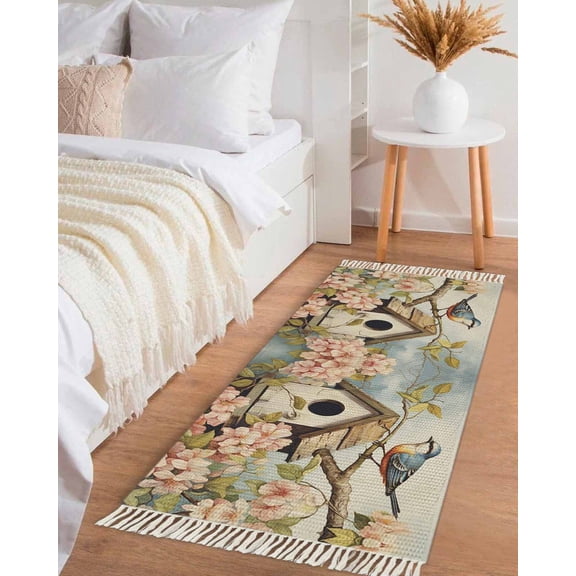 Farmhouse Birdhouse,Hallway Runner Rug 2x5ft,Vintage Spring Flower Plant Leaves Washable Woven Living Room Bedroom Kitchen Bathroom Carpet with Tassels,Indoor Outdoor Throw Door Mat for Entryway