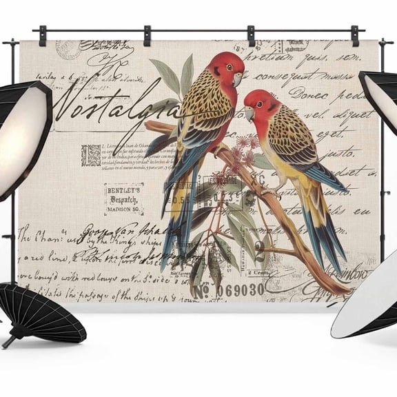 Farmhouse Birds Backdrop for Photography,Fabric Photo Background Backdrop,Country Envelope Postmark Rustic Botancial Photo Booth Background for Portrait Photoshoot Video Wedding Banner 7x5ft