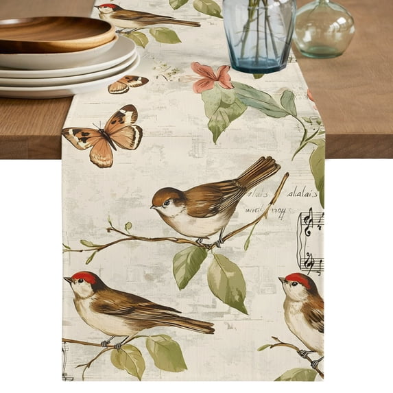 Farmhouse Birds Table Runner 90 Inches Long,Green Country Leaves Flowers Vintage Plants Cotton Linen Table Runners Dresser Scarves,Fabric Tabletop Scarf Furniture Cover for Home Dinner Party 13"x90"