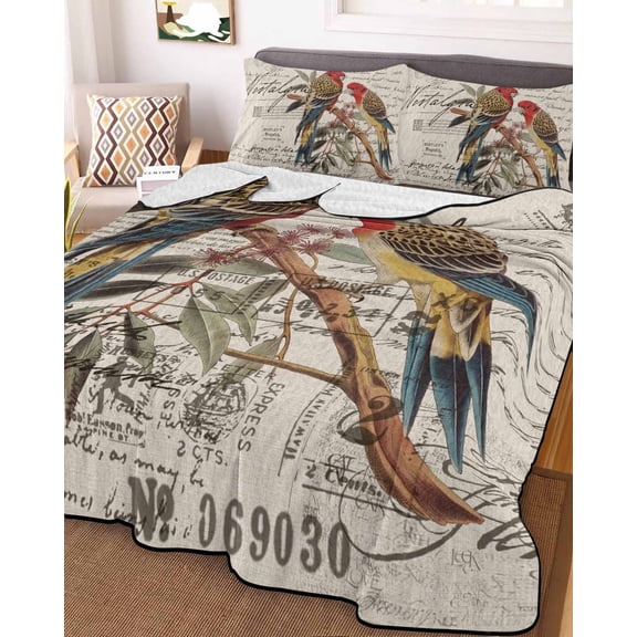 Farmhouse Birds Twin Size Down Alternative Comforter,Lightweight Comforter Quilt Bedding Set with Pillow Shams Country Envelope Postmark Rustic Botancial Bed Comforter Duvet Insert 68"x86"