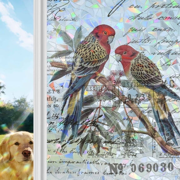 Farmhouse Birds Window Privacy Film Stain Glass,Reusable Decorative Rainbow Window Film,Country Envelope Postmark Botancial Static Cling Sun Blocking Stickers Decals Covers 17.7" x 39.3" (2pcs)