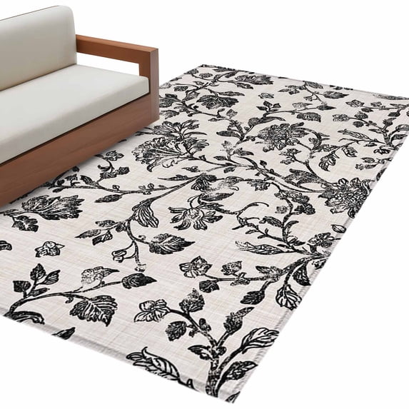 Farmhouse Black Area Rug Washable 3x5 Entryway Rug Non-Slip Indoor Low Pile Vintage Flower Leaf Botanical Plant Floor Carpet Small Rugs for Bedroom Office Living Room Kitchen Entrance Nursery