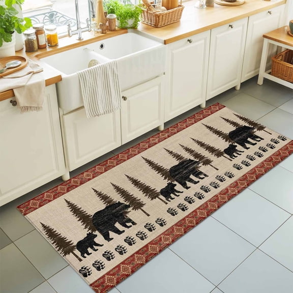 Farmhouse Black Bear Paw Prints Rectangle Area Rug 2x6ft,Living Room Rug Non-Slip Washable Circle Rugs Pad,Forest Animal Tree Retro Linen Soft Floor Carpet for Bedroom Dining Room
