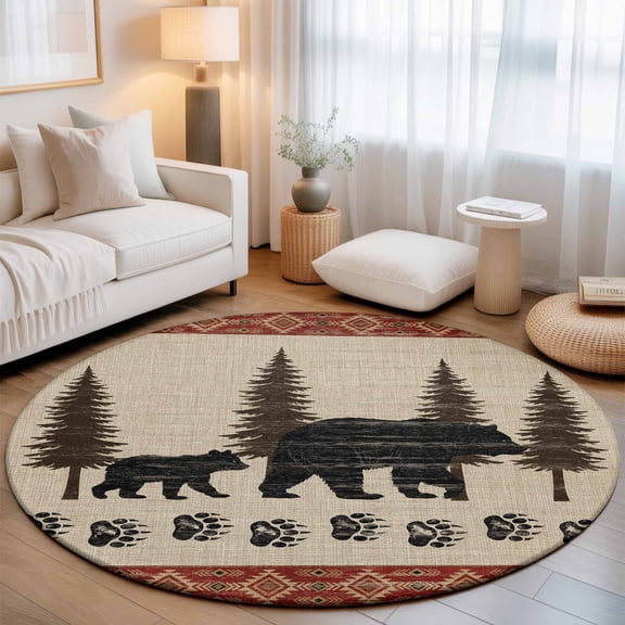 Farmhouse Black Bear Paw Prints Round Rug 5ft Forest Animal Tree Retro Linen Washable Area Rugs for Living Room Bedroom Entryway Non Slip Entrance Door Mat Indoor Floor Carpet