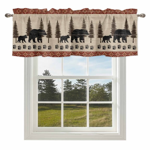 Farmhouse Black Bear Paw Prints Valances for Windows Forest Animal Tree Retro Linen Rod Pocket Curtain Valance Window Treatment Short Curtains for Kitchen Living Room,42x12in