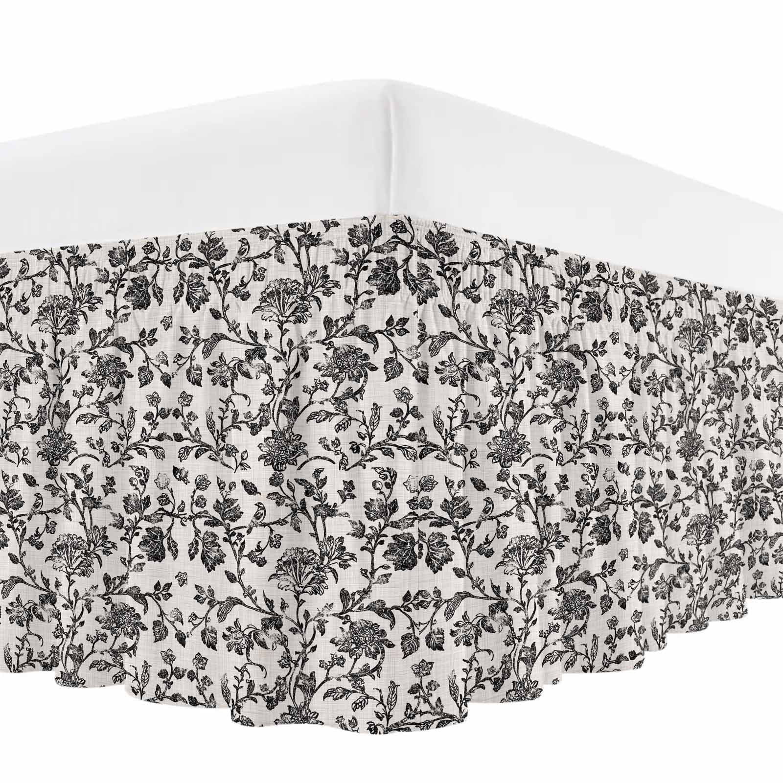 Farmhouse Black Bed Skirt Cal King Size,Vintage Flower Leaf Botanical Plant Wrap Around Bed Skirting with Adjustable Elastic Strap,Dust Ruffled Pleated Bedskirts 16 Inch Drop for Bedroom Beds