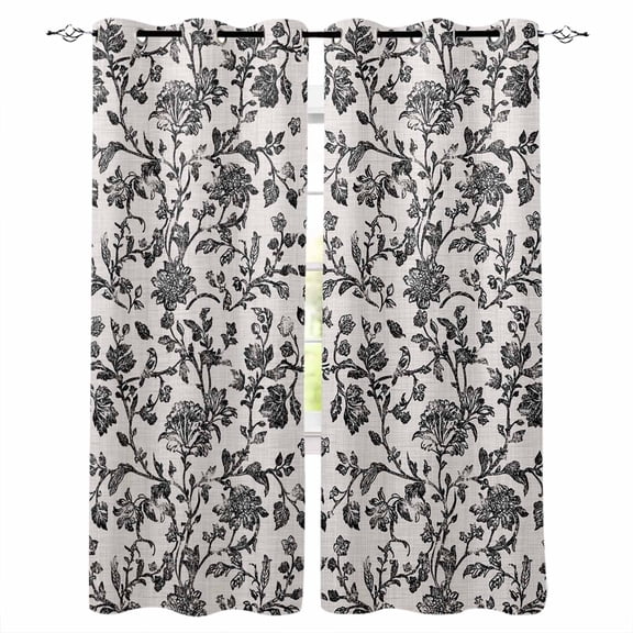 Farmhouse Black Blackout Curtains 39 Inches Long, Vintage Flower Leaf Botanical Plant Thermal Insulated Black Out Curtains, Short Darkening Window Curtain Drapes for Cafe Bedroom 27.5"x39" 2 Panels