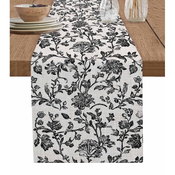Farmhouse Black Burlap Cotton Table Runner 13x36 Inches Short, Vintage Flower Leaf Botanical Plant Farmhouse Table Runners, Outdoor Dining Tablecloths Decor for Baby Shower/Party/Wedding