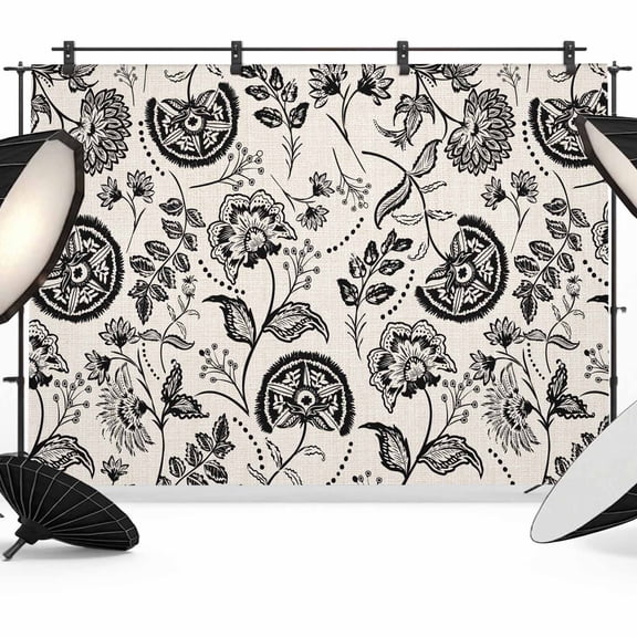 Farmhouse Black Floral Backdrop for Photography, Linen Boho Flower Rustic Country Photo Backdrop Portrait Background Party Banner Photo Backgrounds for Studio Booth Props, 7x5ft