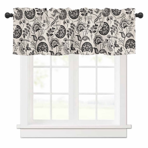 Farmhouse Black Floral Valances for Windows Linen Boho Flower Rustic Country Rod Pocket Curtain Valance Window Treatment Short Curtains for Kitchen Living Room, 54"x18"