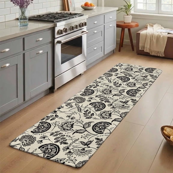 Farmhouse Black Floral Washable Runner Rug 3X7 ft Linen Boho Flower Rustic Country Non-Slip Hallway Runner Rug, Linen Kitchen Runner Mats, Indoor Floor Carpet for Entryway Bathroom Bedroom