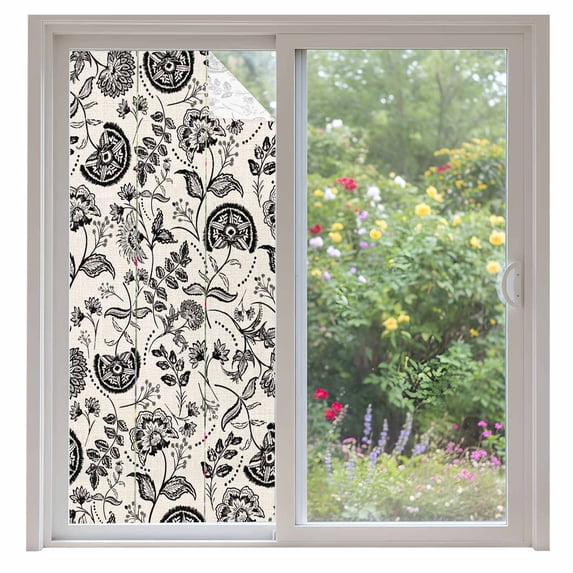 Farmhouse Black Floral Window Privacy Film Linen Boho Flower Rustic Country Decorative Glass Window Film UV Blocking Static Cling Non-Adhesive Sticker Covering for Home Door 35.4x78.7 inches