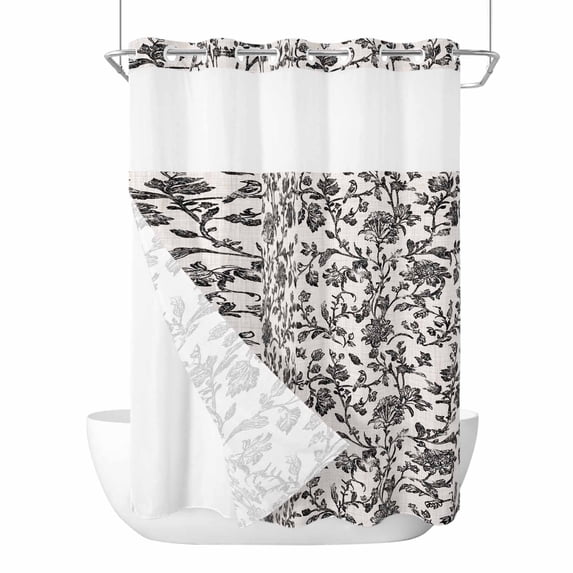 Farmhouse Black No Hook Shower Curtain Waterproof, Bathroom Curtains with Snap in Liners and See Through Top Window, Vintage Flower Leaf Botanical Plant Hotel Style Bathtub Curtains Shower 72"Wx84"L