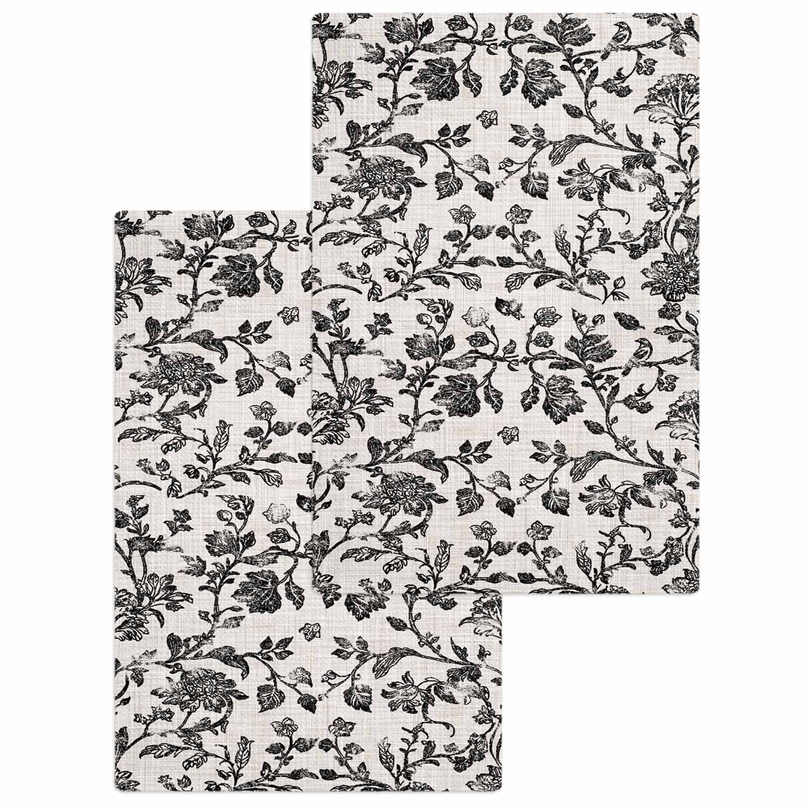 Farmhouse Black Kitchen Dish Towels for Drying Dishes Set of 2, Vintage Flower Leaf Botanical Plant Waffle Weave Microfiber Hand Tea Bathroom Towels Quick Dry & Absorbent Towel 15.7x23.6