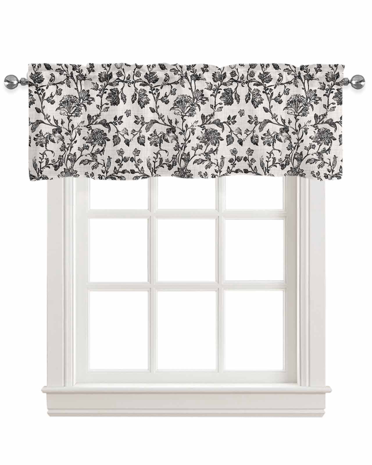 Farmhouse Black Kitchen Valances for Windows Farmhouse Linen Window Valance Curtain for Living Room Window Treatment Vintage Flower Leaf Botanical Plant Valance Rod Pocket Topper Drape, 54 x 18 Inch