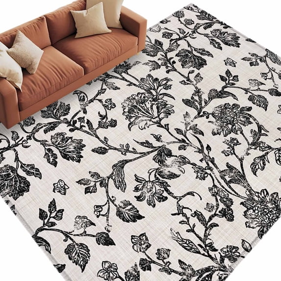 Farmhouse Black Large Area Rugs for Bedroom Living Room, Soft Non Slip Carpet Bedside Rug, Vintage Flower Leaf Botanical Plant Rectangular Floor Cover Kitchen Accent Rug 6'x9' for Dining Room/Office