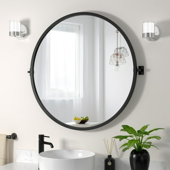 Farmhouse Black Metal Frame Round Bathroom Mirror, Pivot Matte Black Bathroom Mirror for Bathroom, Entryway, Living Room 31.5" X 31.5"