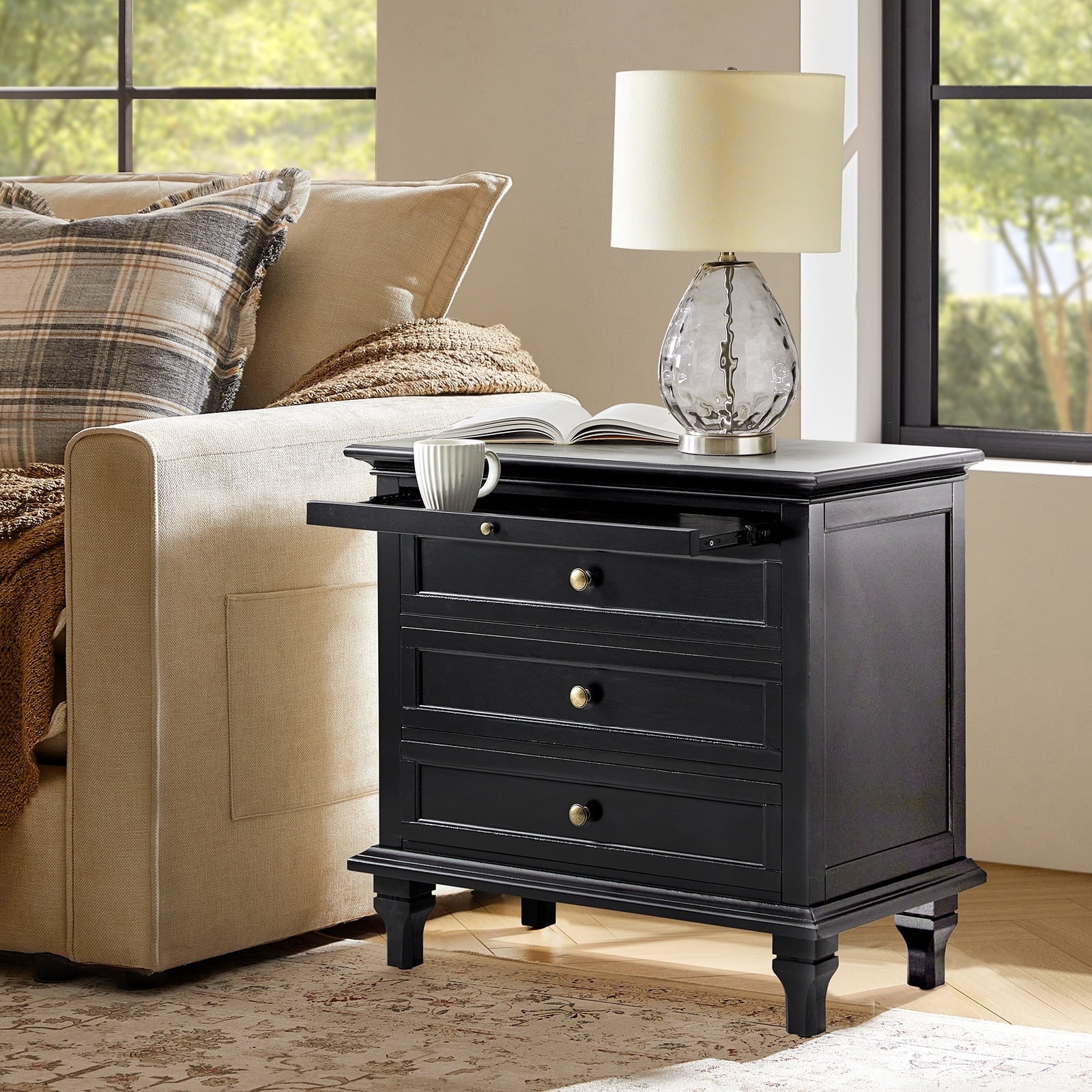 Farmhouse Black Nightstand with Tray Shelf 3 Drawers Bedside Table with ...