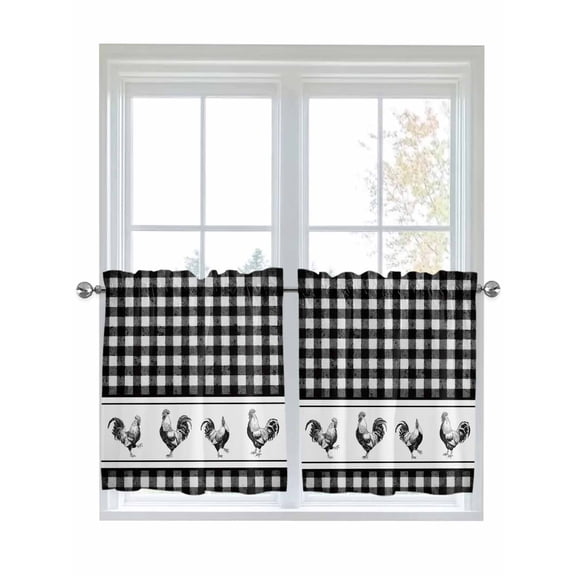 Farmhouse Black Plaid 2 Panel Kitchen Curtains for Small Windows, Vintage Country Cock Checkered Bathroom Tier Curtain, Short Window Treatment for Bedroom/Living Room 55"x24"