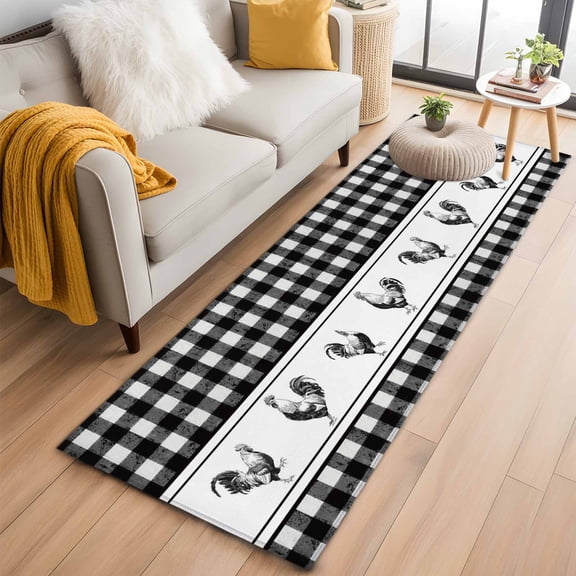 Farmhouse Black Plaid Kitchen Runner Rug 2x6 Washable Runners for Hallway Non Slip Vintage Country Cock Checkered Large Area Rug Indoor Floor Carpet for Bathroom Laundry Entryway Bedroom Living Room