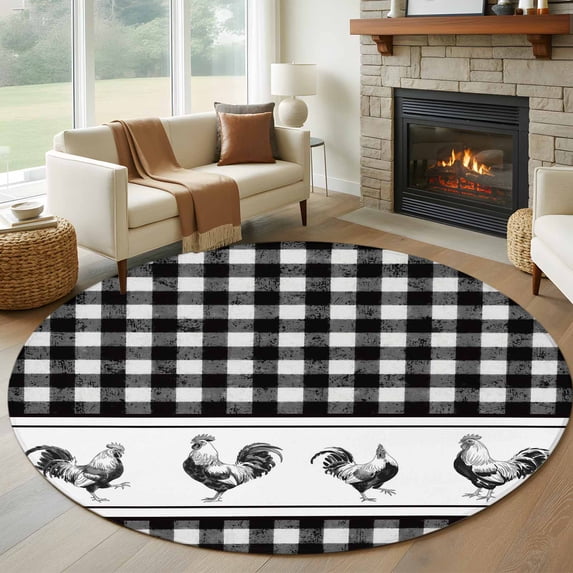 Farmhouse Black Plaid Round Area Rug 5Ft Washable Circle Rugs for Living Room Bedroom, Vintage Country Cock Checkered Non-Slip Carpet Floor Mats Indoor Outdoor Carpet Runner Aesthetic Home Decor