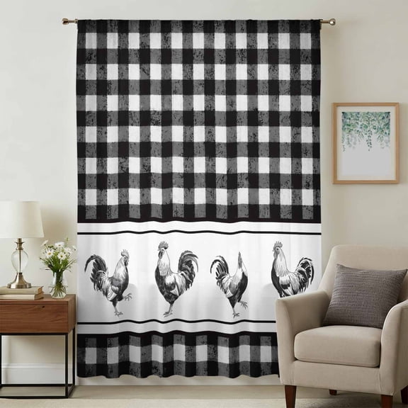 Farmhouse Black Plaid Sheer Curtains 54 Inches Long for Bedroom, Vintage Country Cock Checkered Light Filtering Privacy Drapes, Breathable Semi Sheer Window Treatment for Bathroom Dining Room Kitchen